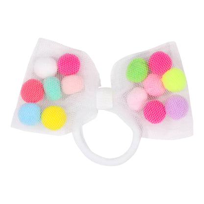 Pom Pom Tutu With Bow Hair Tie - 2Pcs Set | White