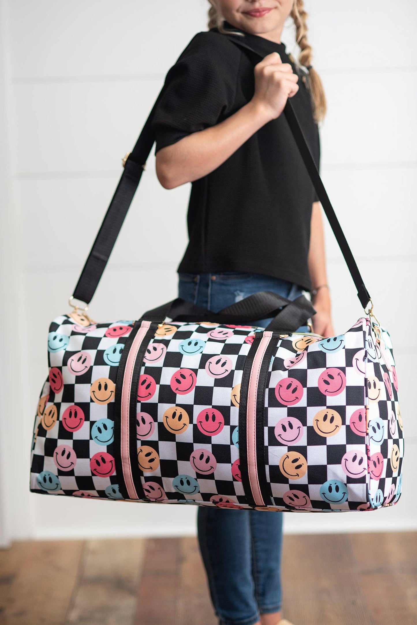 Kids Smiley Face Checkered Weekender Dance Travel Bag: One Size