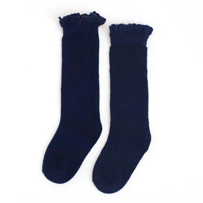 Little Stocking Co. - Navy Fancy Lace Top Knee High Socks: 4-6 YEARS