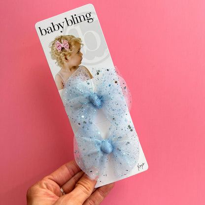 Baby Bling Bows - 2PK TULLE BABY FAB® CLIPS: glitter sky