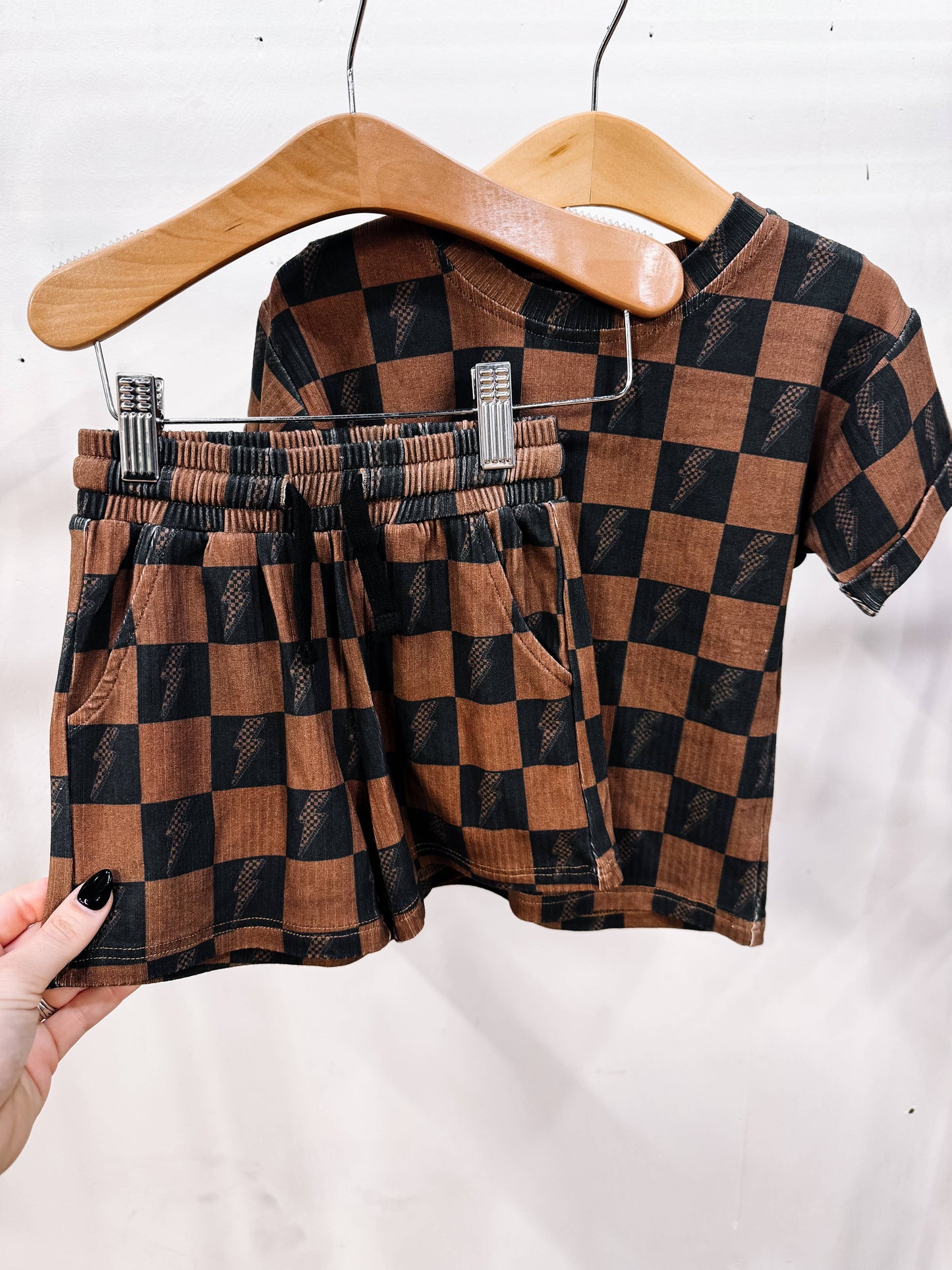 Brown Checkered Lightning Bolt Ribbed Lounge Short Set 