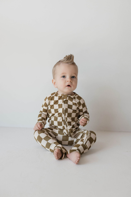 Forever French Baby - Bamboo Zip Pajamas  | Olive checker