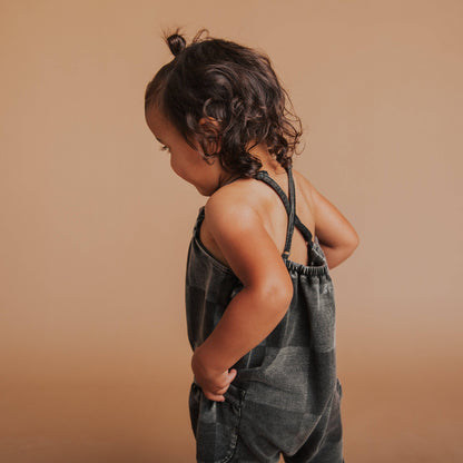 RAGS - Gathered Strappy Tank Rag Romper With Side Pockets- Black Denim Check