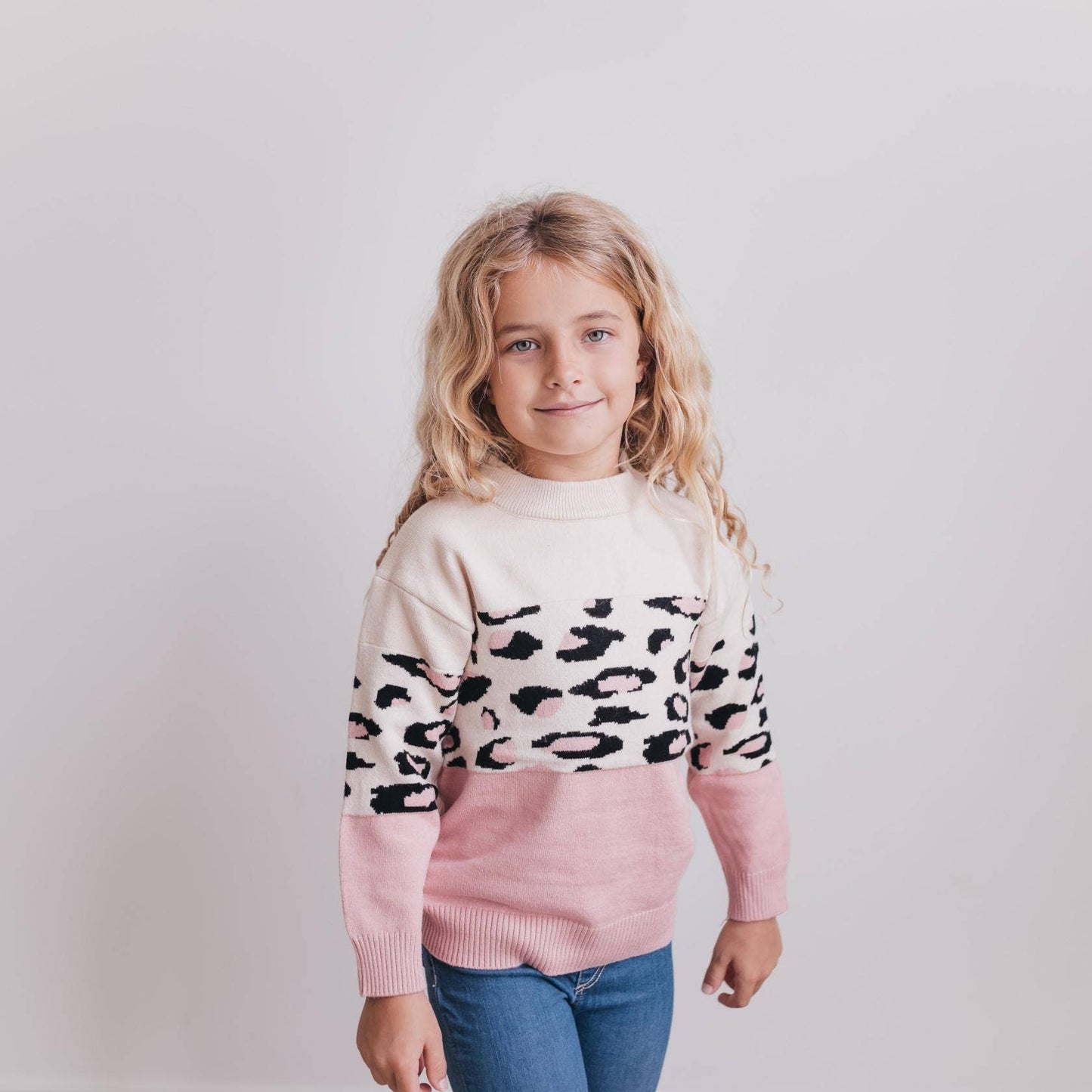 Pink Cream Leopard Crew Neck Fall Winter Sweater