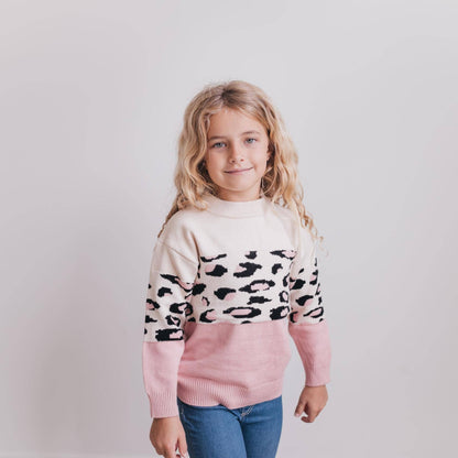 Pink Cream Leopard Crew Neck Fall Winter Sweater