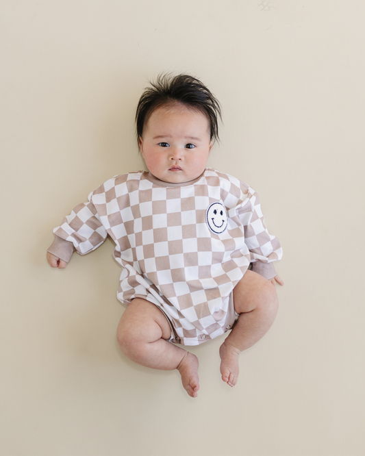 Baby Bubble Romper | Checkered Smiley Latte