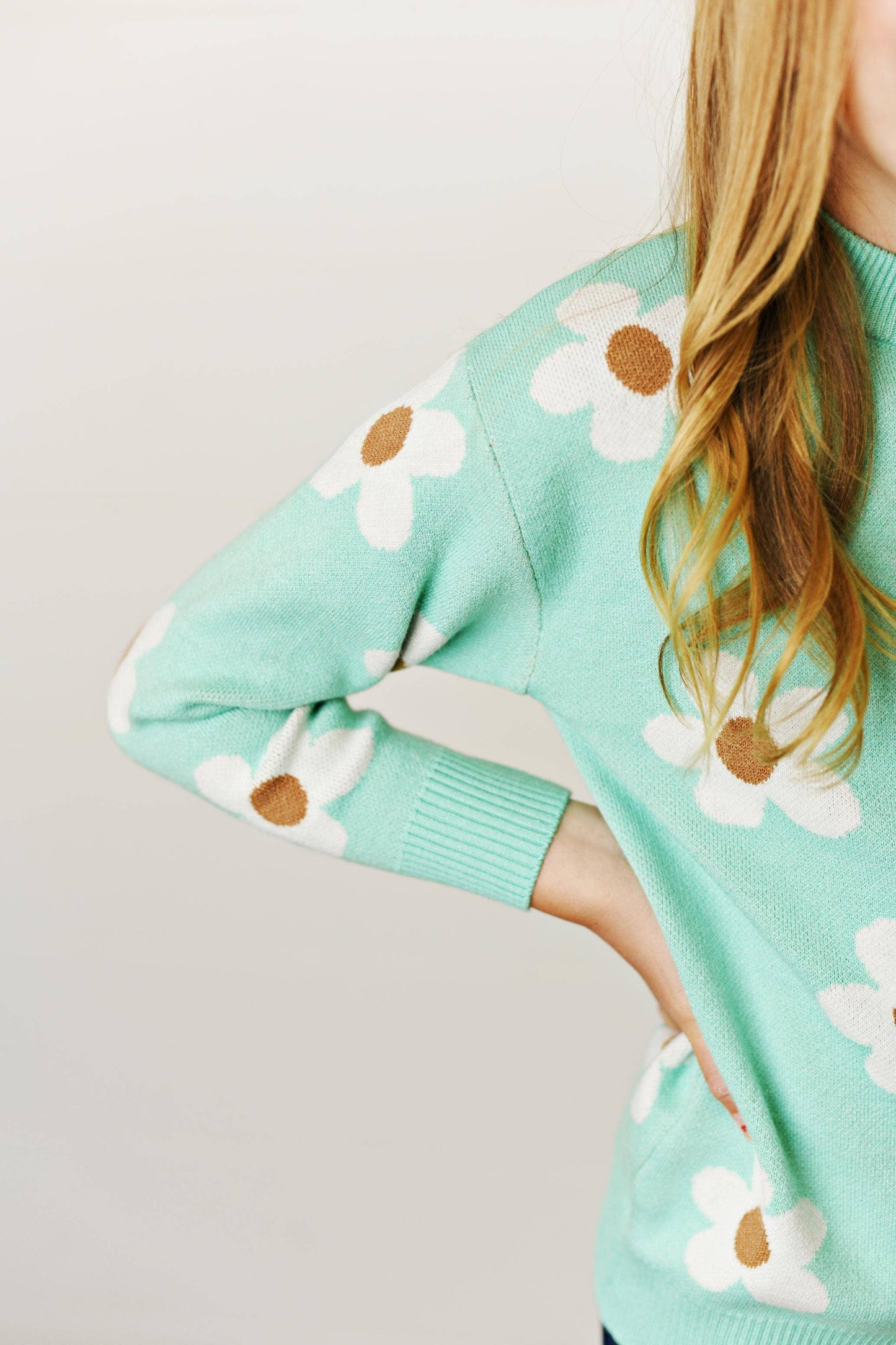 Mint Teal Flower Crew Neck Fall Winter Sweater