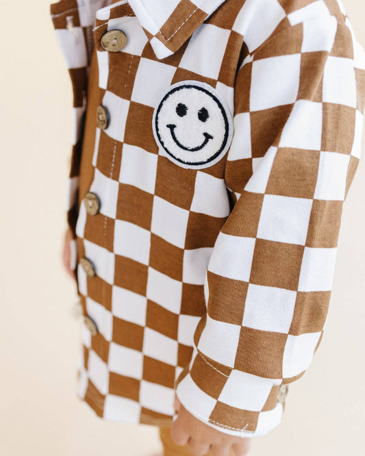 Lucky Panda Kids - Baby Kids Cotton Fall Shacket | Smiley Checkered Copper