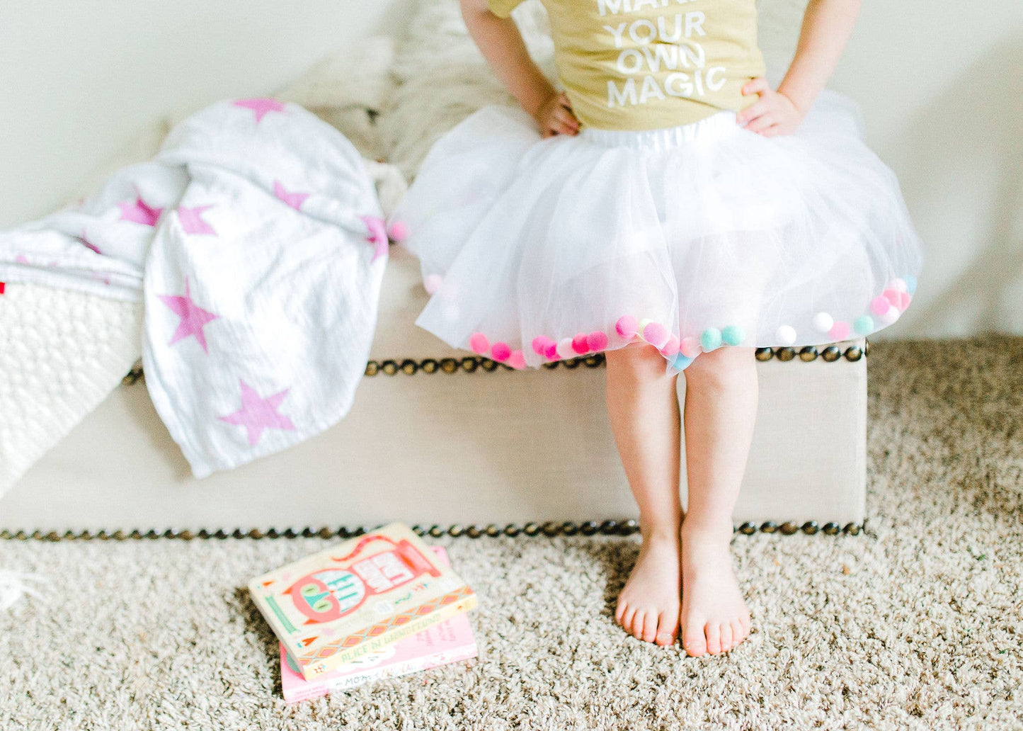 Pom Pom Tutu With Bow Hair Tie - 2Pcs Set | White