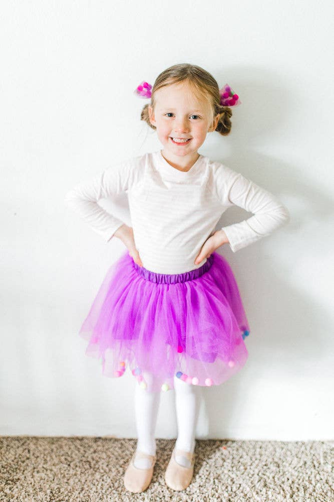 Purple Kids Skirt | Pom Pom Tutu & Bow Hair Tie | 2Pcs Set: Purple