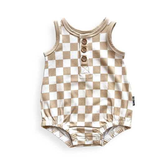 millie + roo - ORGANIC COTTON HENLEY ROMPER- Tan Check