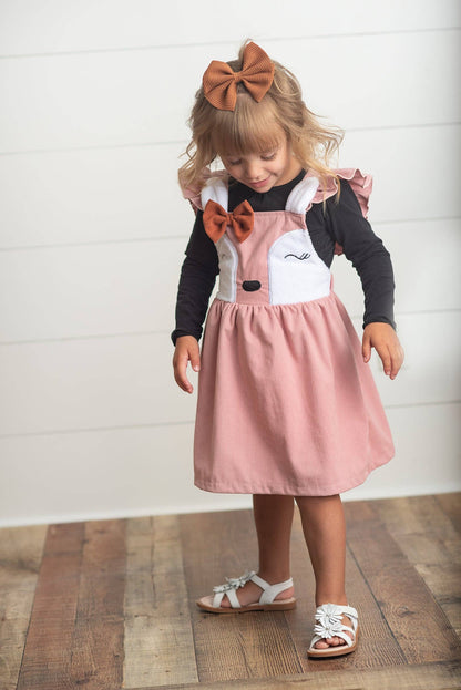 Kids Pink Corduroy Deer Ruffle Pinafore Jumper