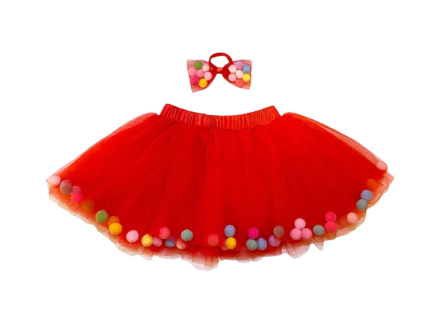 Tutu Skirt | Pom Pom Tutu & Bow Hair Tie 2PC Set | Pink