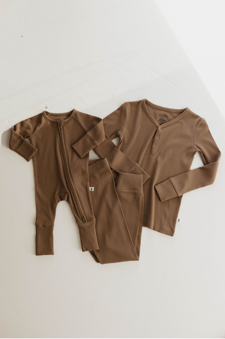 Forever French Baby - Bamboo Zip Pajamas | Ribbed Milk Chocolate