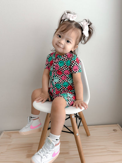 BAMBOO SHORTIE ZIP ROMPER - Pink Check Smile