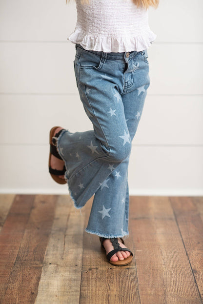 Kids Faded Star Flare Light Wash Denim Jean Pant