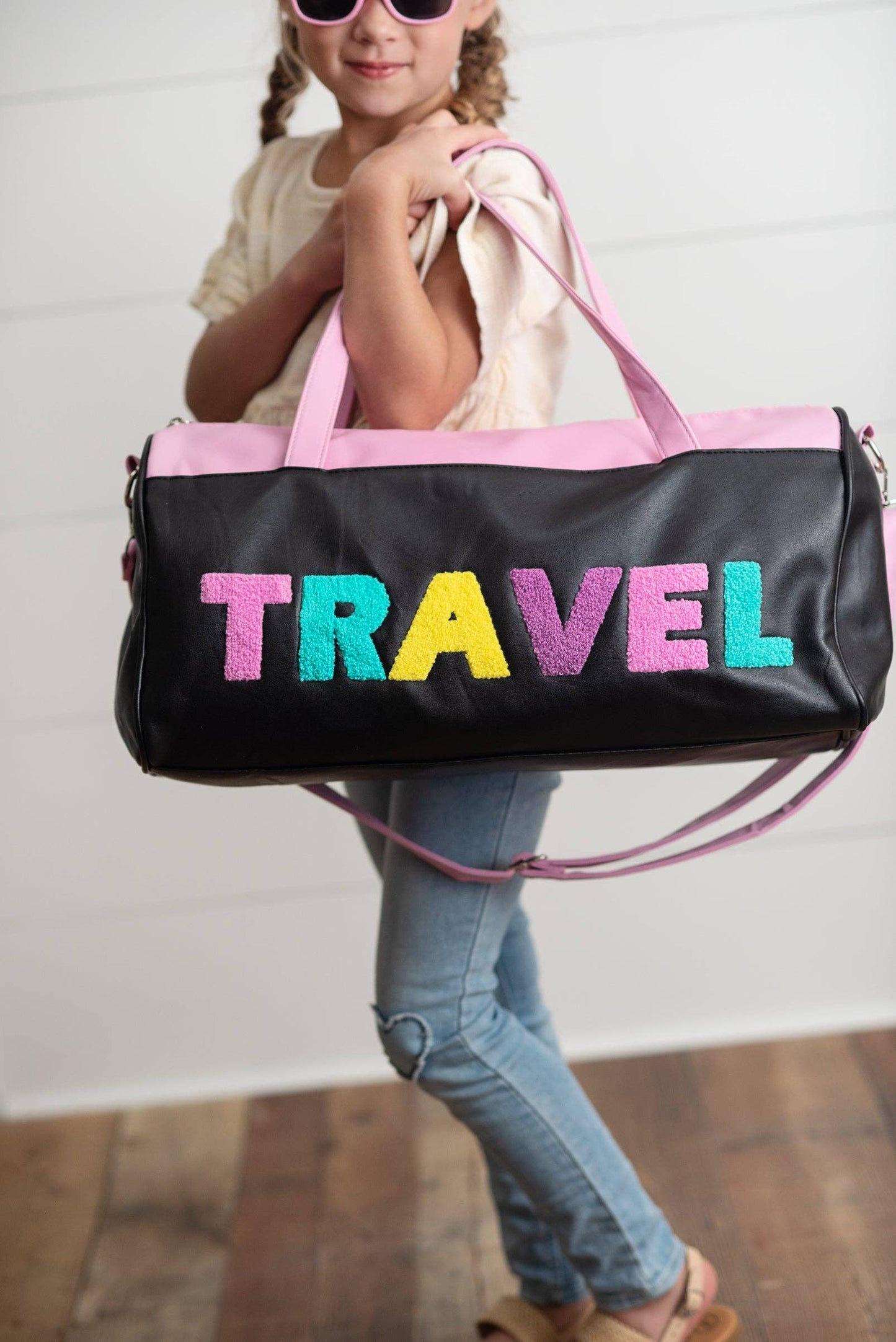 Kids Pink & Black Fuzzy Letter Weekender Travel Bag: One Size