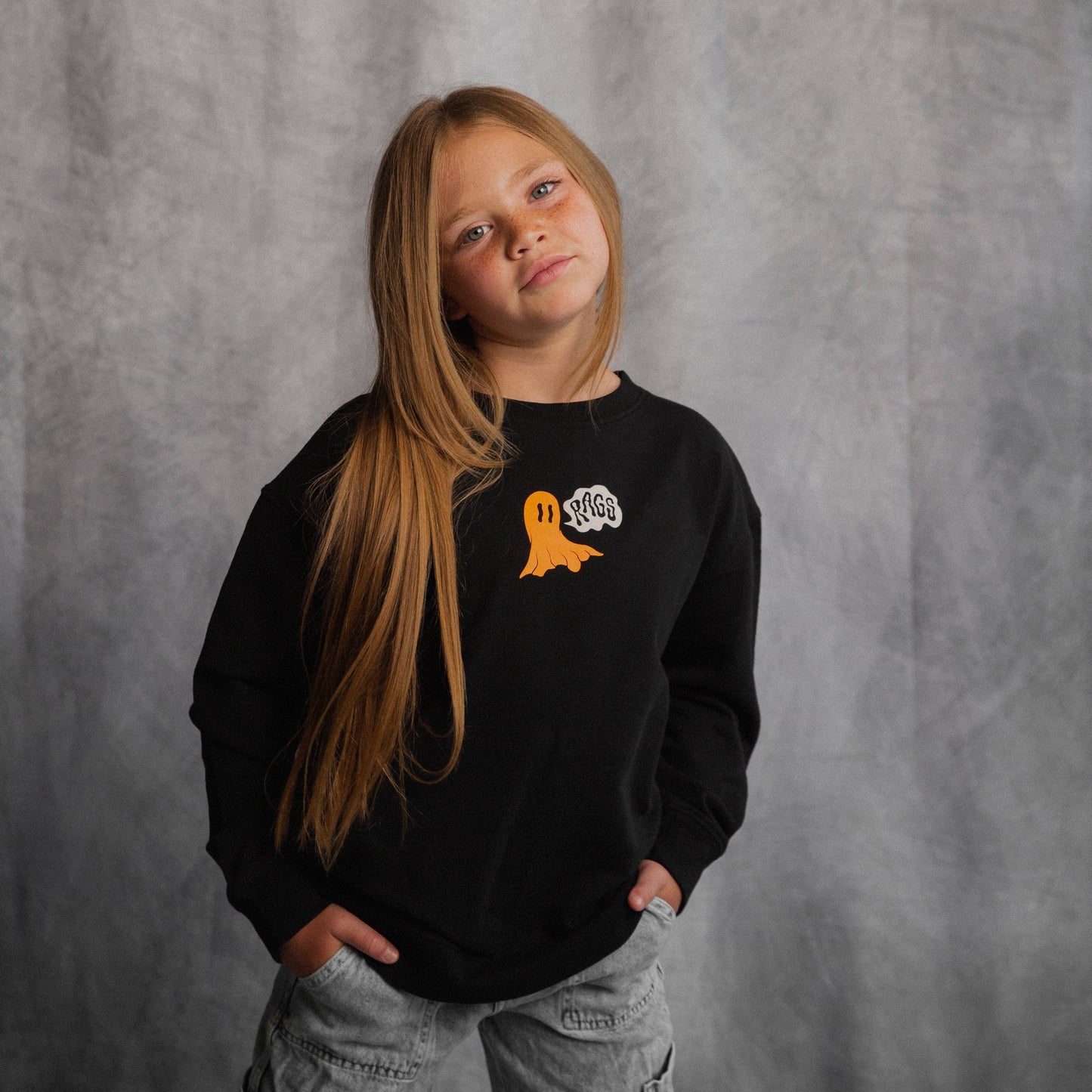 RAGS - Drop Shoulder Kids Sweatshirt - 'Stay Spooky' - Asphalt