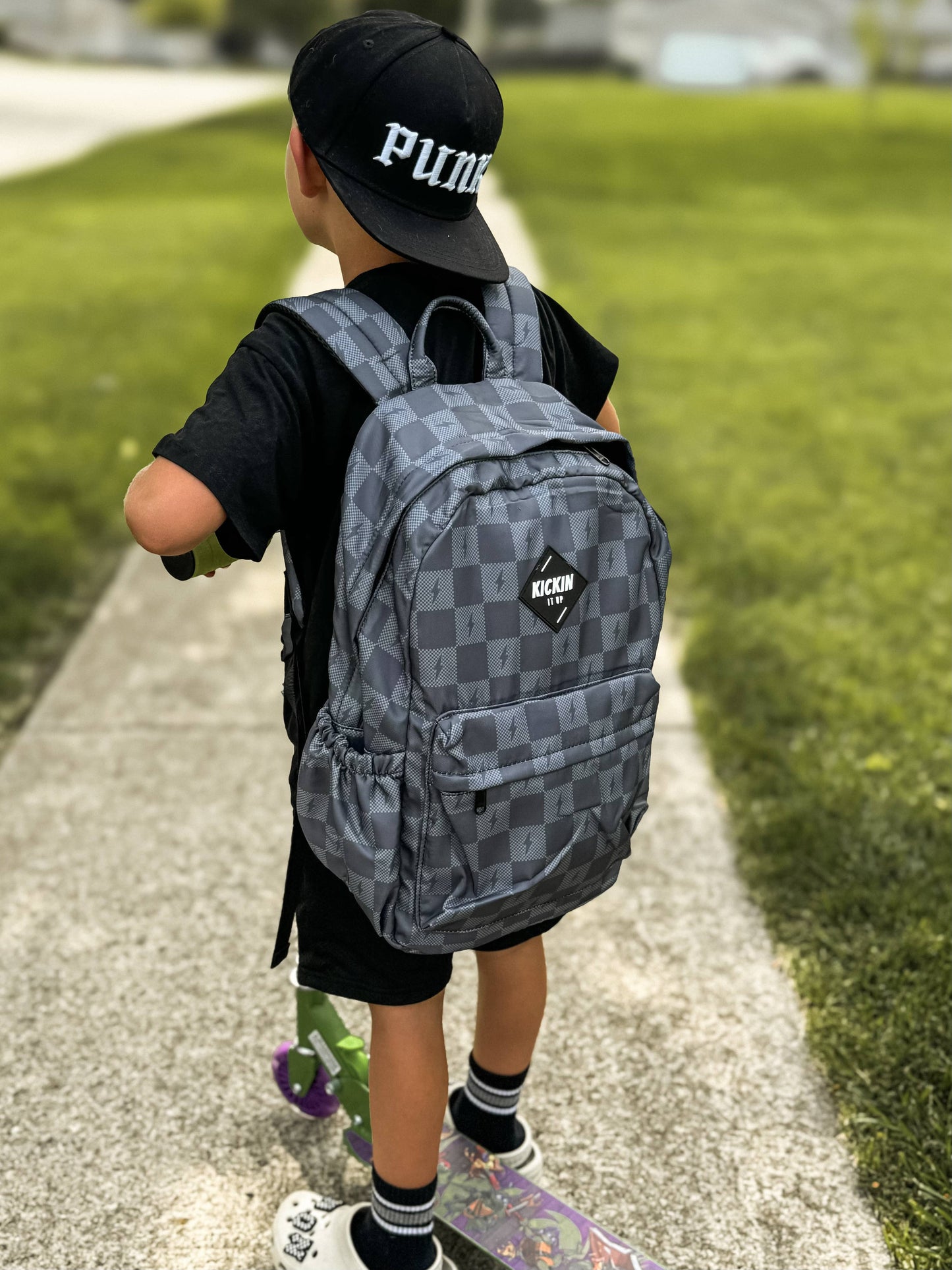 Kickin it up Socks - Gray Check Bolt Full Size Backpack