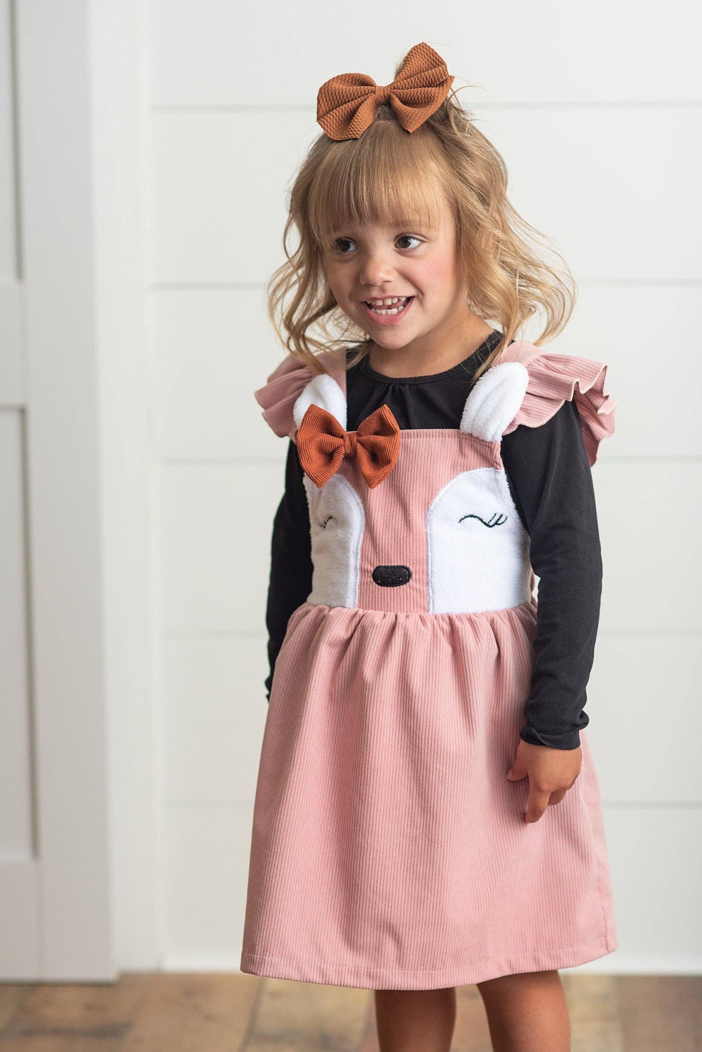 Kids Pink Corduroy Deer Ruffle Pinafore Jumper