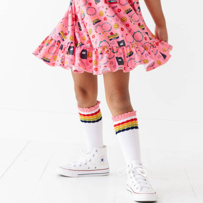 Little Stocking Co. - Rainbow Bubble Stripe Lace Top Knee High Socks