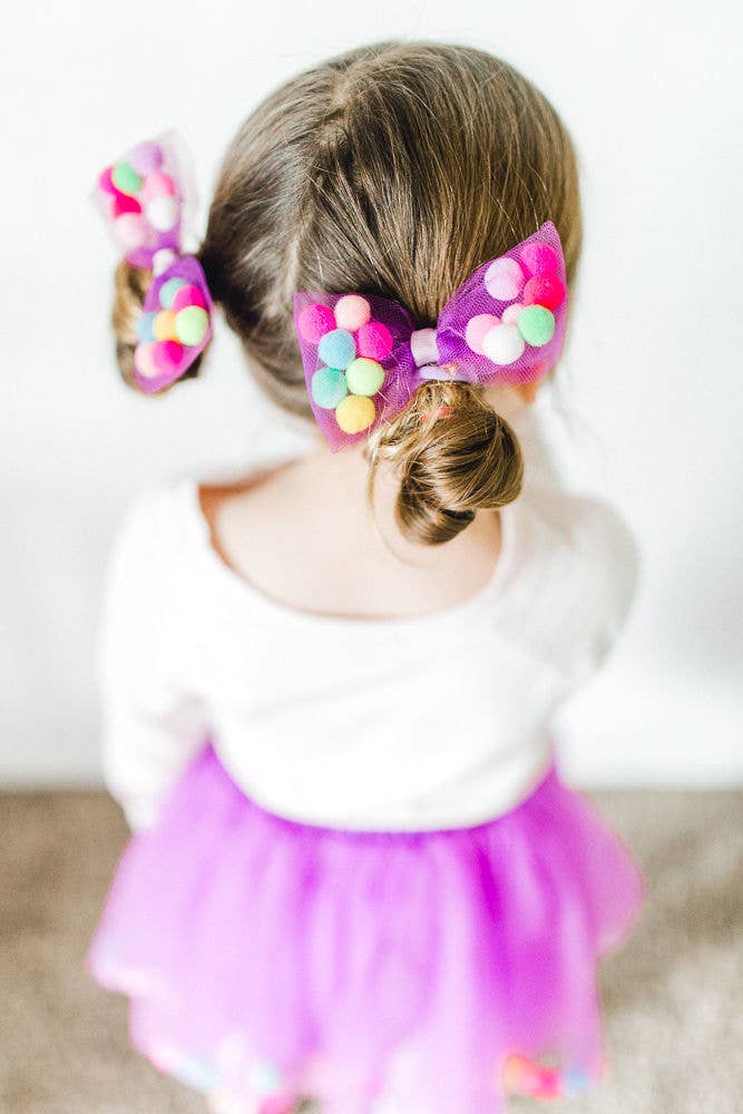 Purple Kids Skirt | Pom Pom Tutu & Bow Hair Tie | 2Pcs Set: Purple