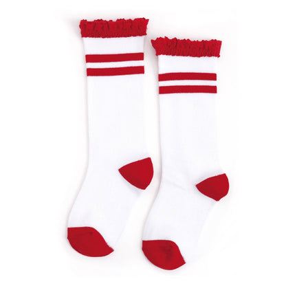 Little Stocking Co. - Apple Red Striped Lace Top Knee High Socks