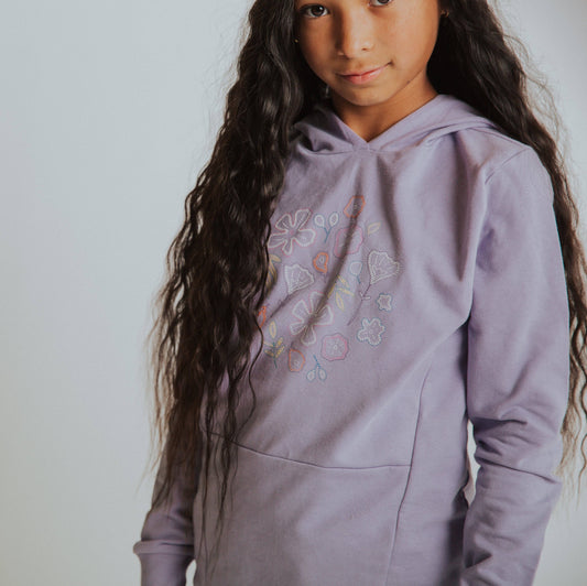 RAGS - Kids Hoodie with Seam Details - 'Chainstitch Floral - Lilac