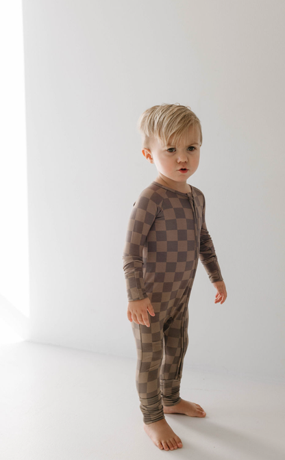 Forever French Baby - Faded Brown Checkerboard  | Bamboo Zip Pajamas