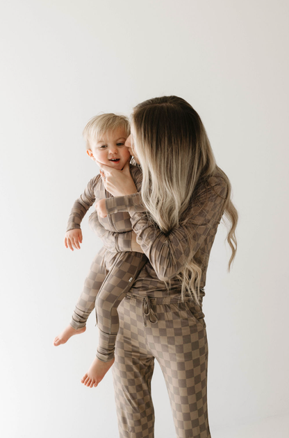 Forever French Baby - Faded Brown Checkerboard  | Bamboo Zip Pajamas