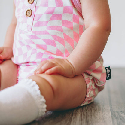 millie + roo - ORGANIC COTTON HENLEY ROMPER- Pink Dizzy Check