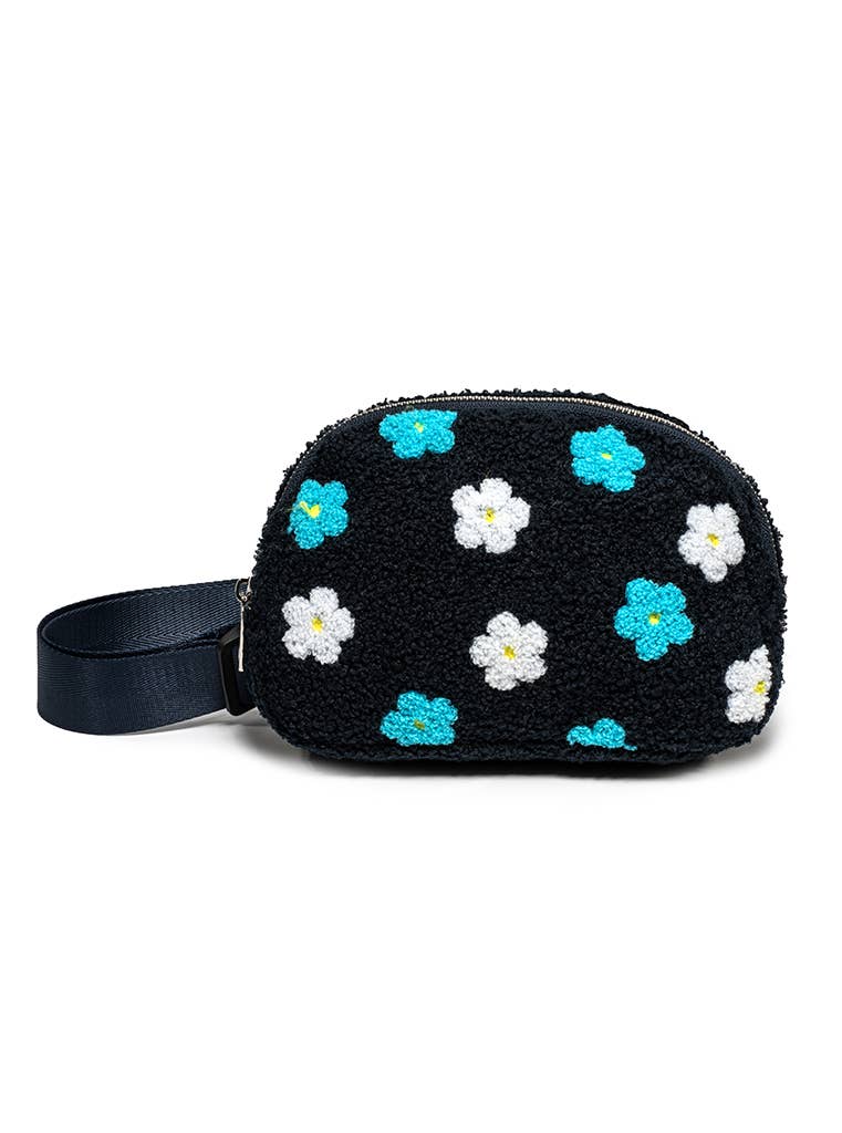 Adjustable Belt Bag - Blue & White Daisies - Navy Blue