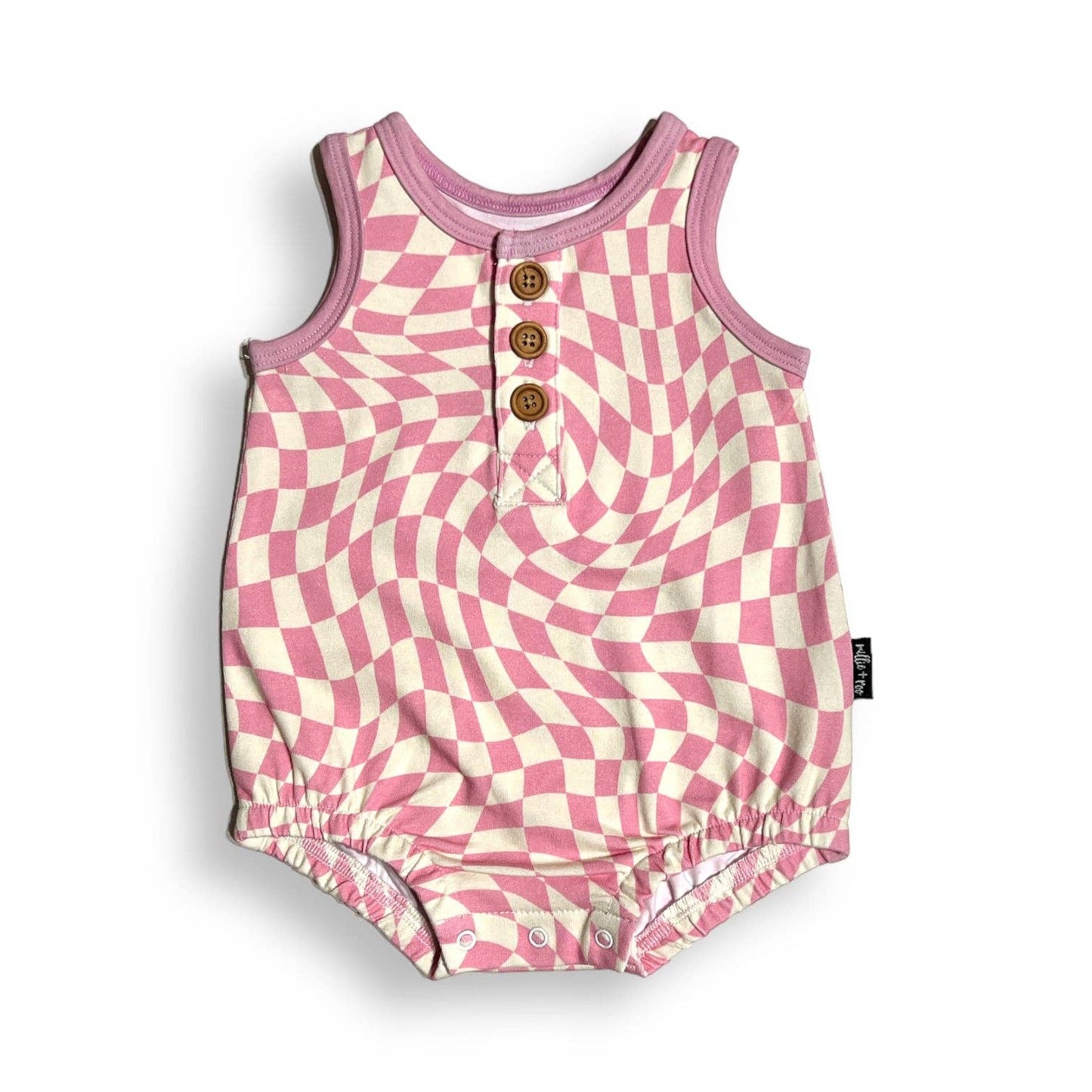 millie + roo - ORGANIC COTTON HENLEY ROMPER- Pink Dizzy Check