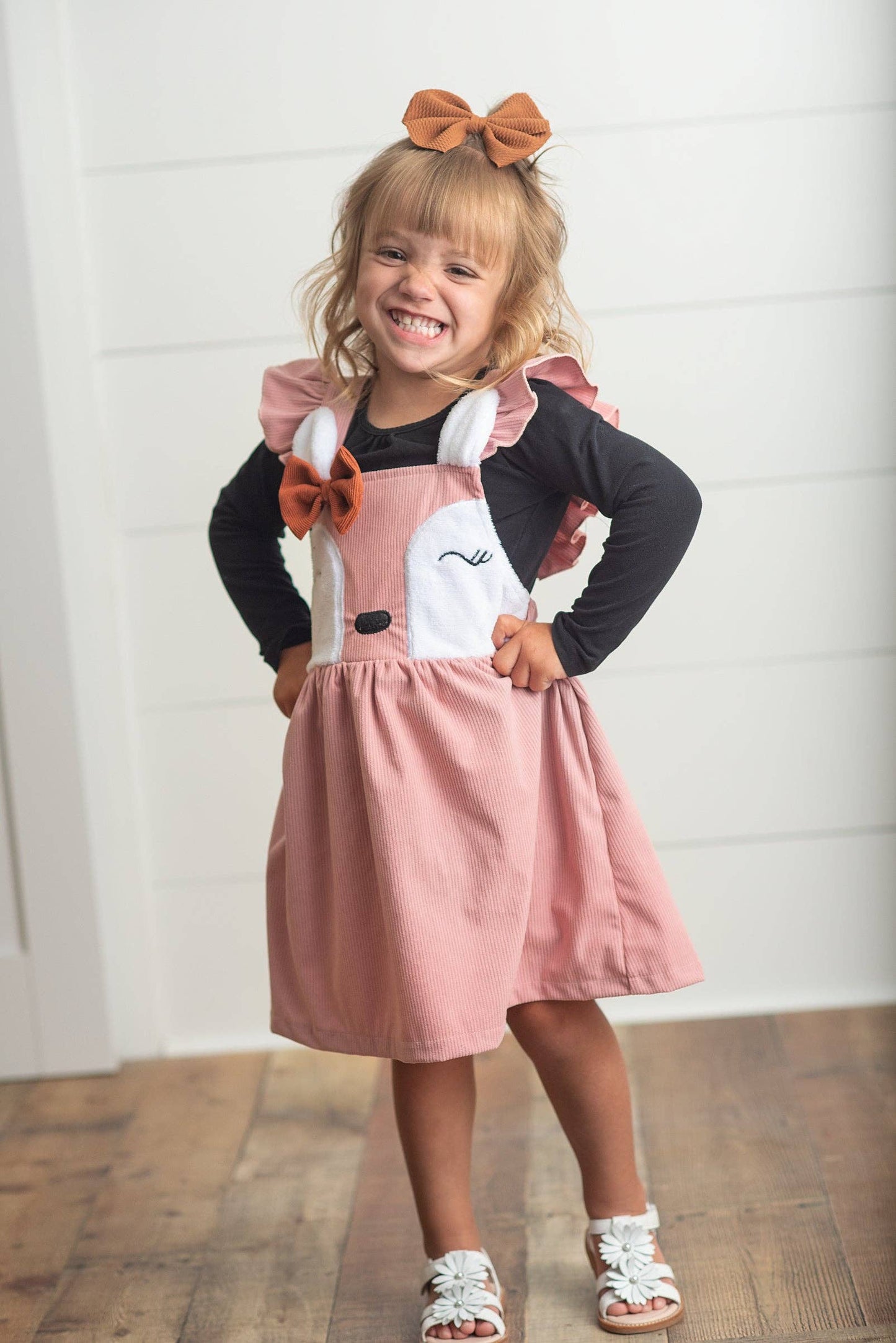 Kids Pink Corduroy Deer Ruffle Pinafore Jumper