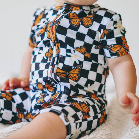 BAMBOO SHORTIE ZIP ROMPER - Butterflies