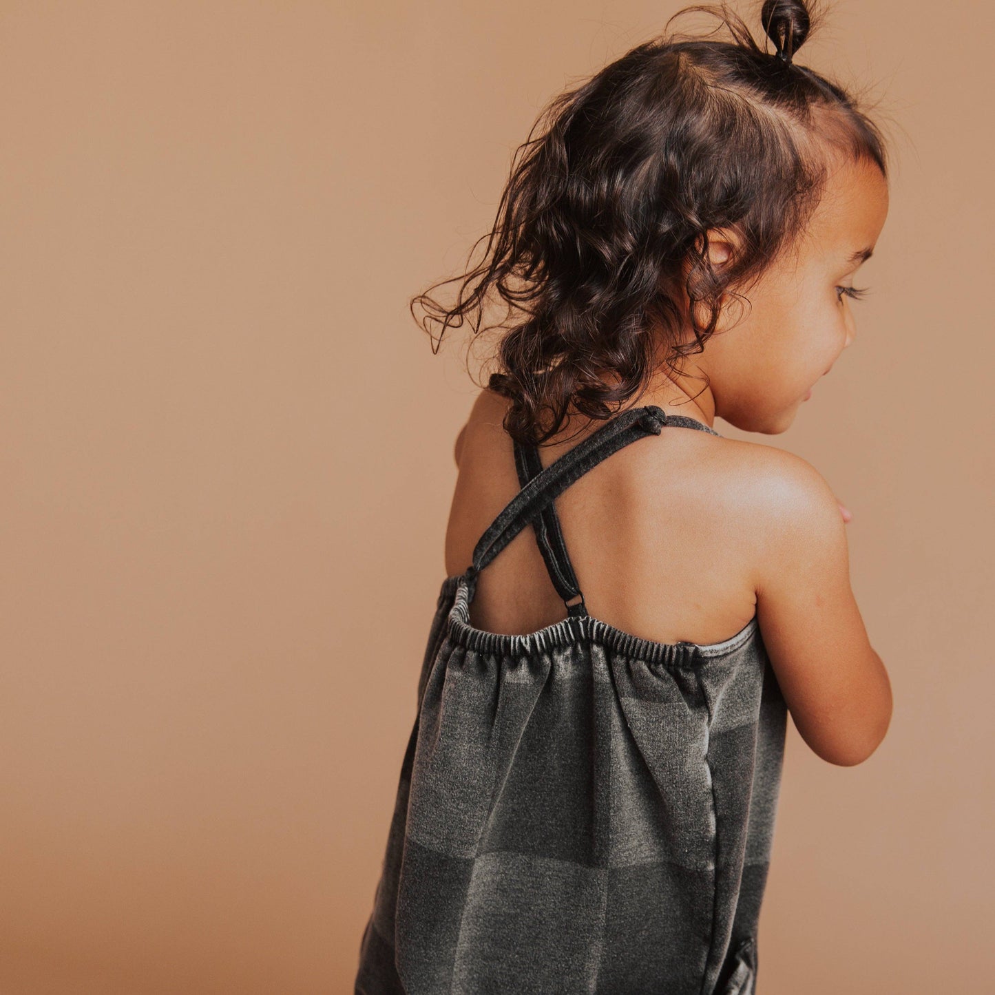 RAGS - Gathered Strappy Tank Rag Romper With Side Pockets- Black Denim Check