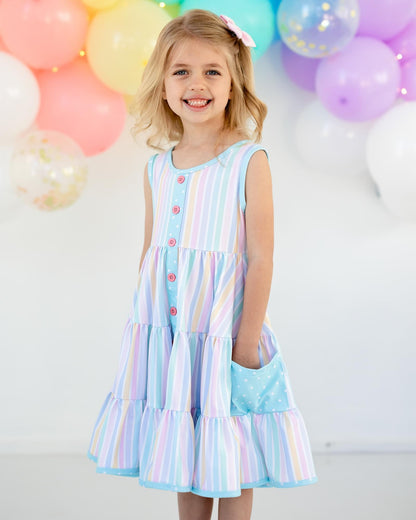 Tiered Twirl Dress - Pastel Rainbow Stripes