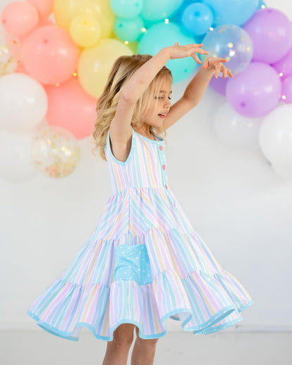 Tiered Twirl Dress - Pastel Rainbow Stripes