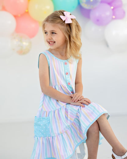 Tiered Twirl Dress - Pastel Rainbow Stripes