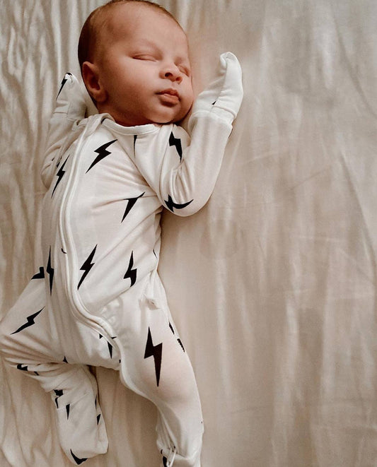 Forever French Baby - White & Black Lightning  Bolt | Bamboo Zip Pajamas