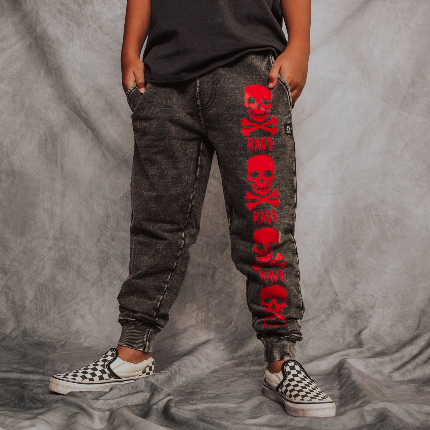 RAGS - Relaxed Fit Joggers - 'Red Skulls' on Washed Denim