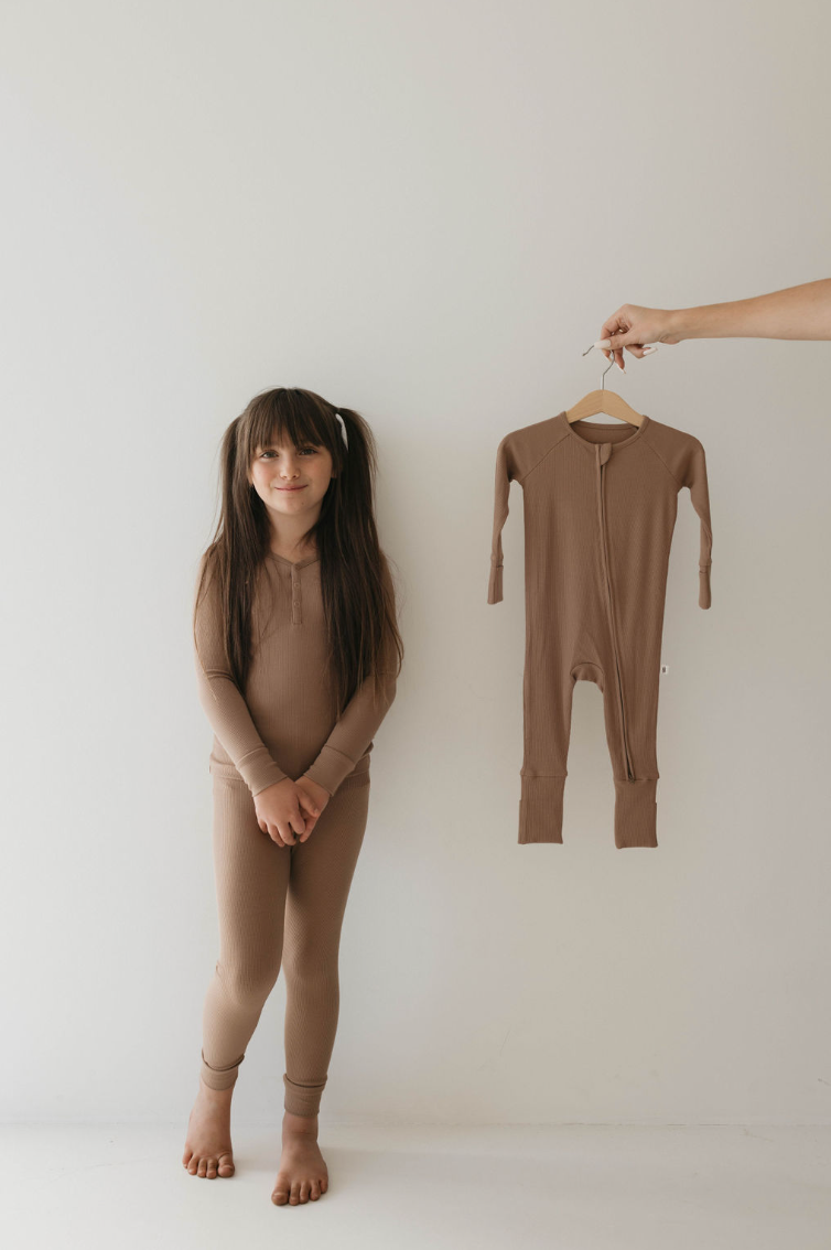 Forever French Baby - Bamboo Zip Pajamas | Ribbed Milk Chocolate