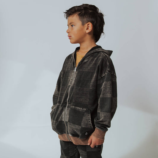 RAGS - Zip-Up Hoodie - Washed Black Denim Check