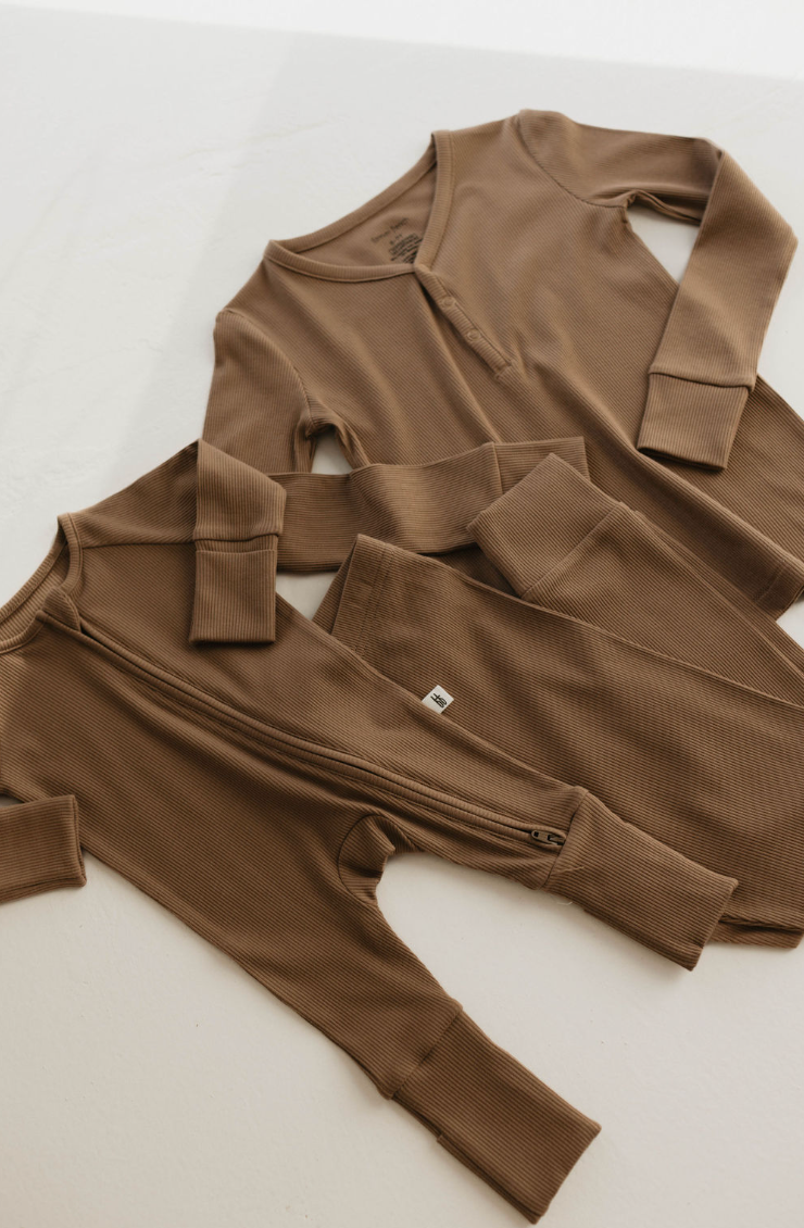 Forever French Baby - Bamboo Zip Pajamas | Ribbed Milk Chocolate