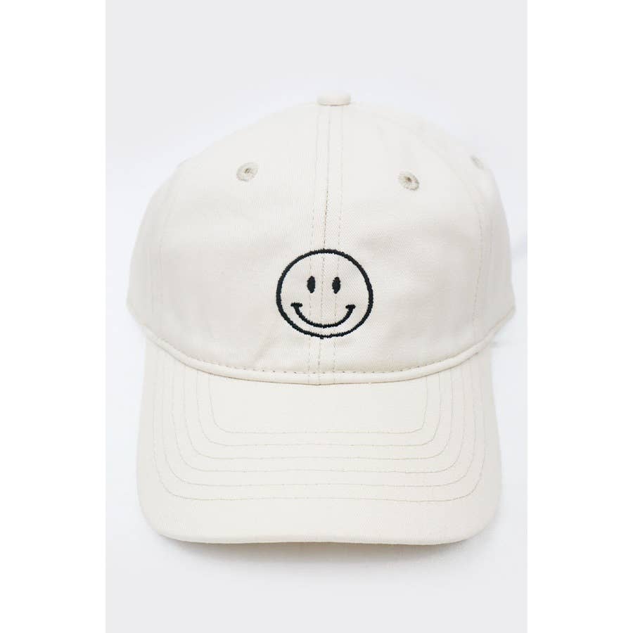 Smiley Face Embroidered Baseball Cap: BEIGE