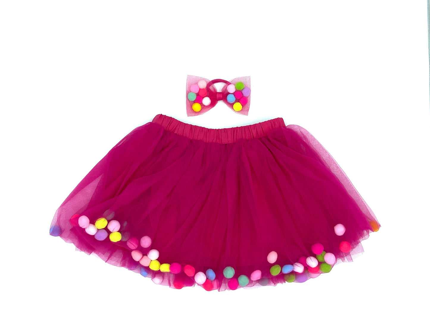 Tutu Skirt | Pom Pom Tutu & Bow Hair Tie 2PC Set | Pink