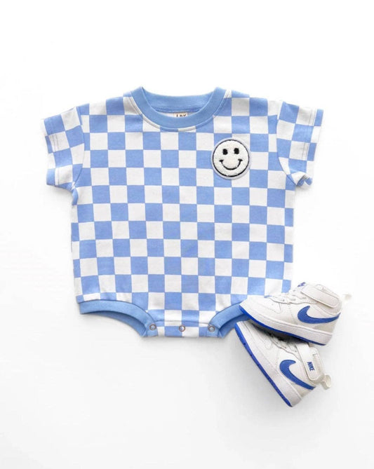 Lucky Panda Kids - Short Sleeve Bubble Romper | Checkered Smiley Blue