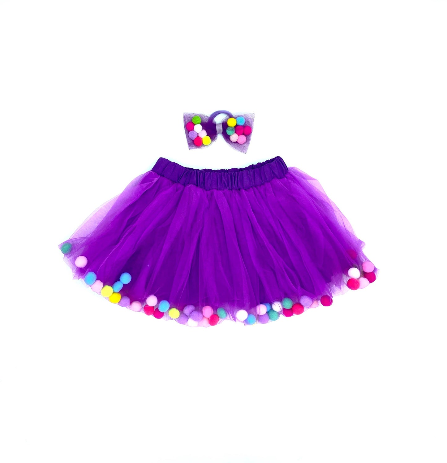 Tutu Skirt | Pom Pom Tutu & Bow Hair Tie 2PC Set | Pink