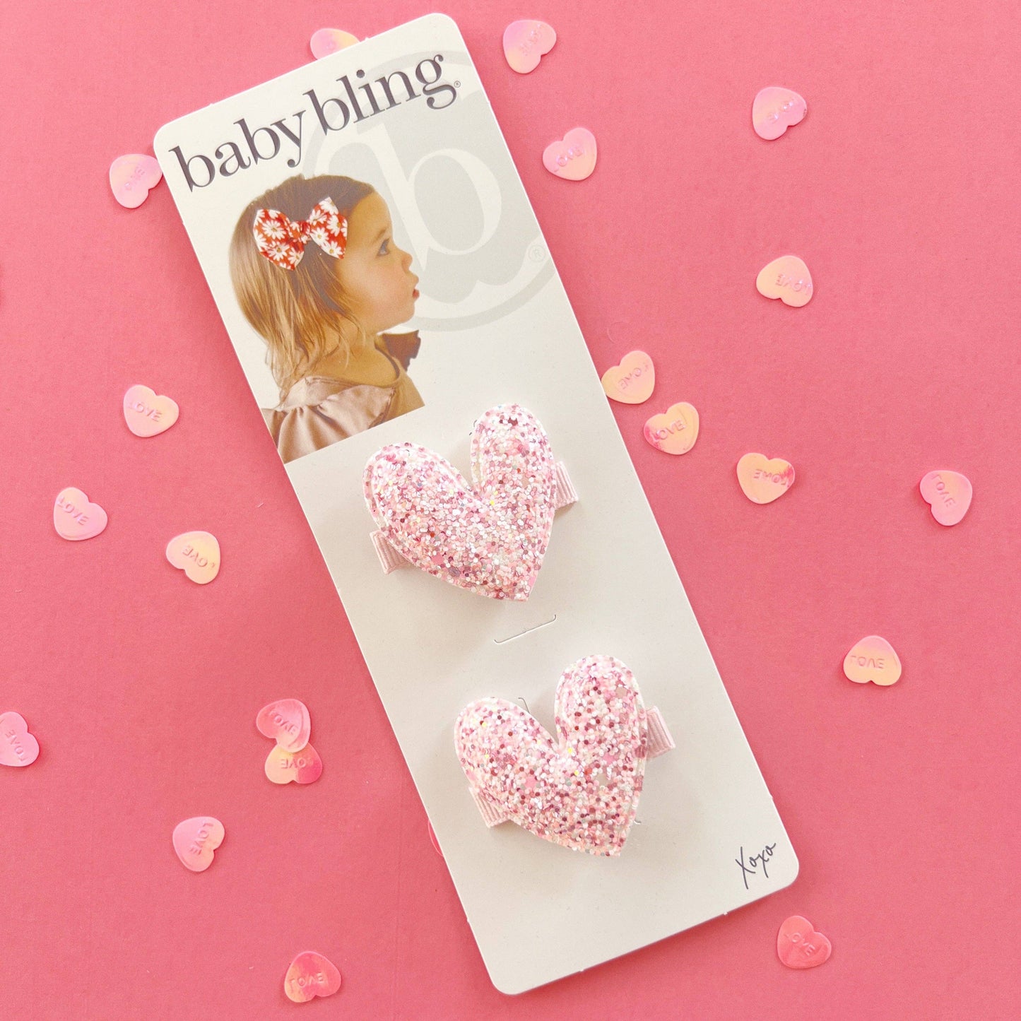 Baby Bling Bows - 2PK NOVELTY CLIPS: glitter pink heart plush