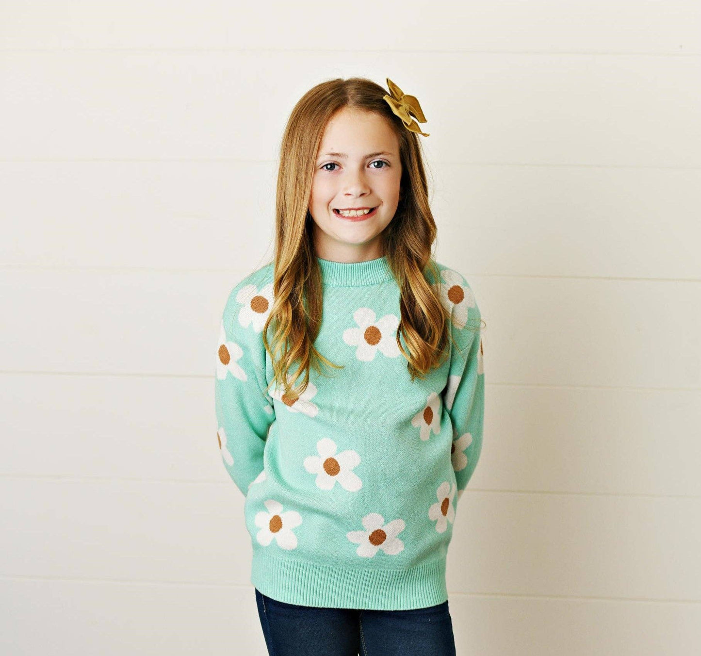 Mint Teal Flower Crew Neck Fall Winter Sweater